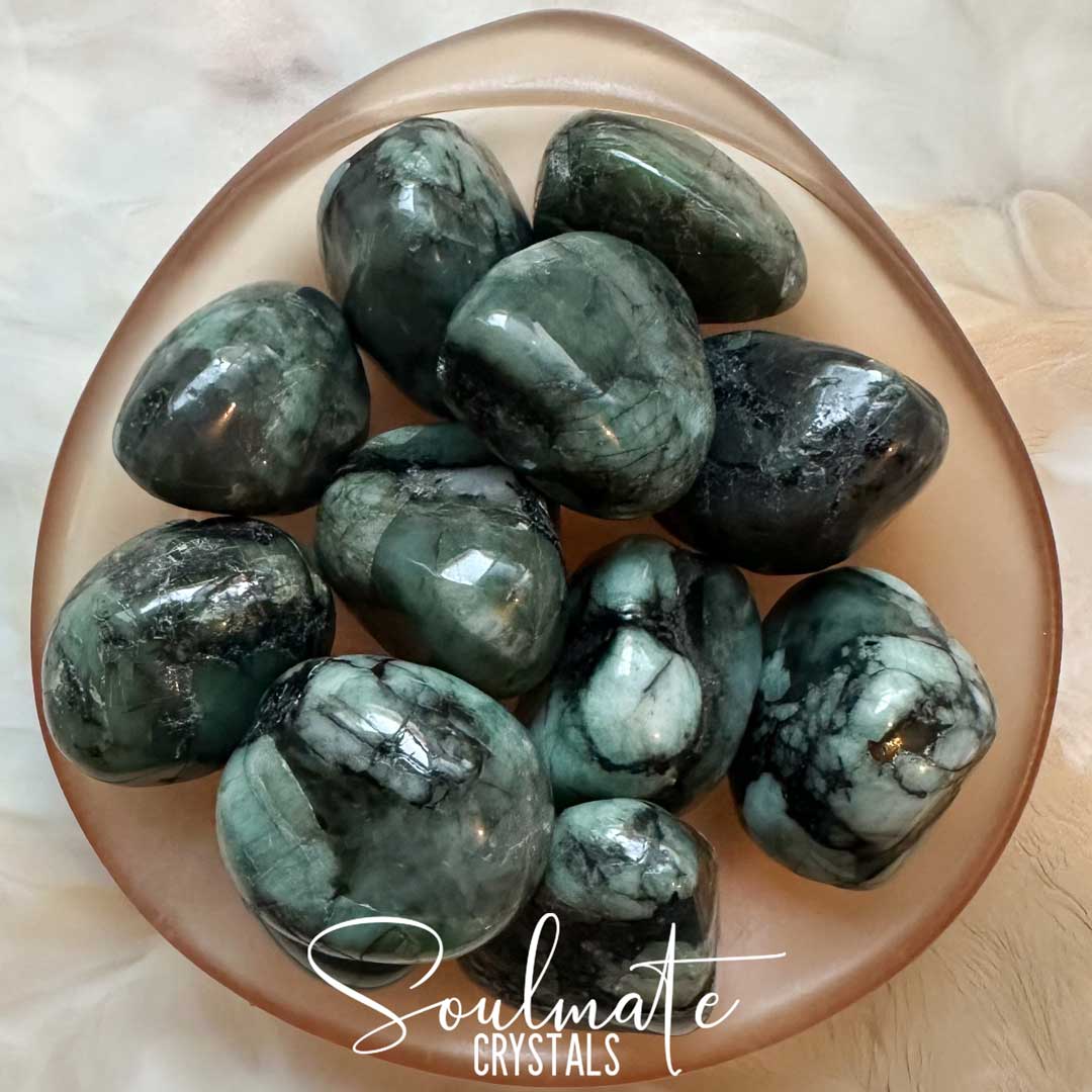 Soulmate Crystals Emerald Tumbled Stone, Polished Green Crystal Black Inclusions for Love, Abundance, Truth, Communication, Inner Peace, Vision, Wealth, Relationships.