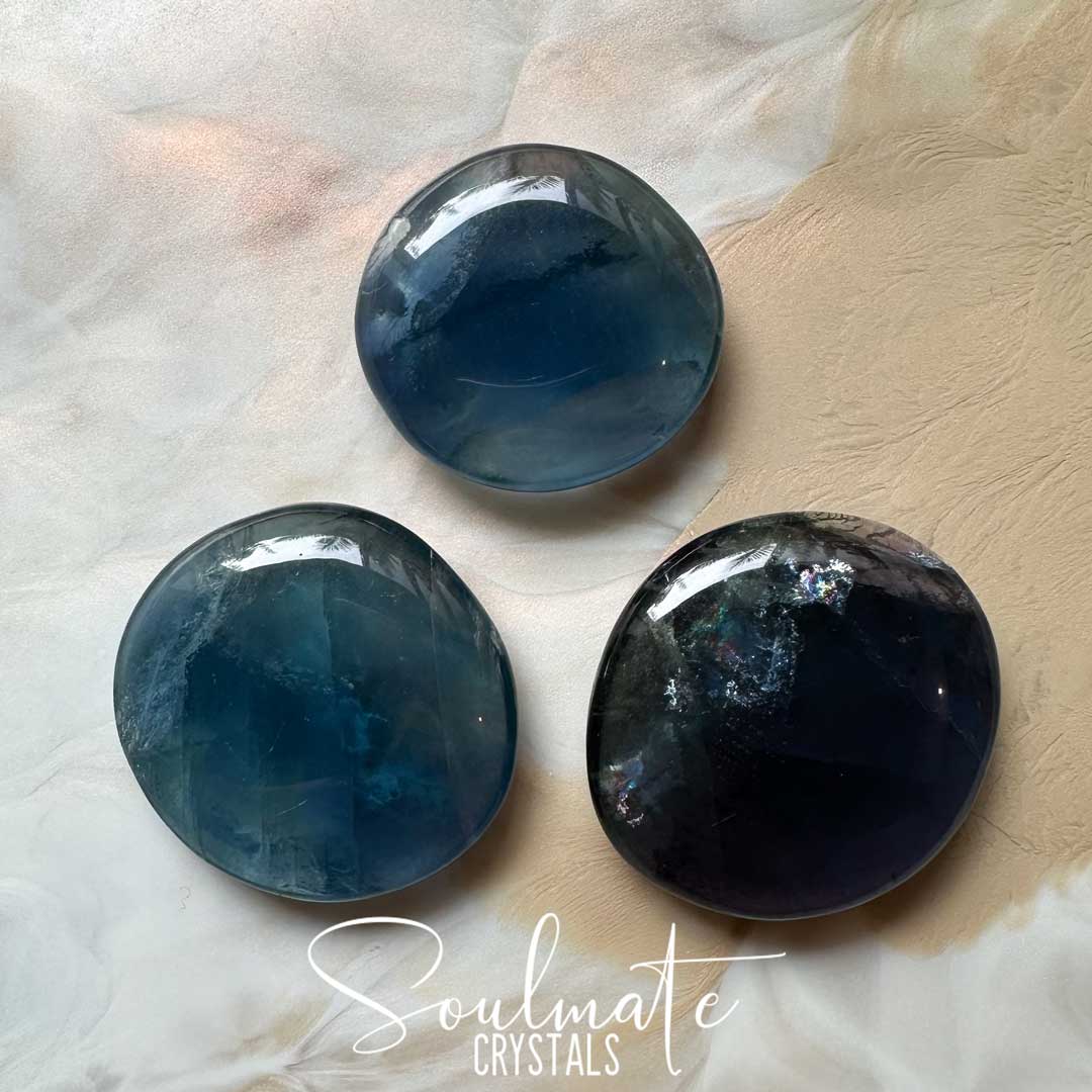Soulmate Crystals Blue Fluorite Polished Crystal Palm Stone, Polished Gemmy Blue Crystal for Calm, Creative Thought, Considerate Communication.