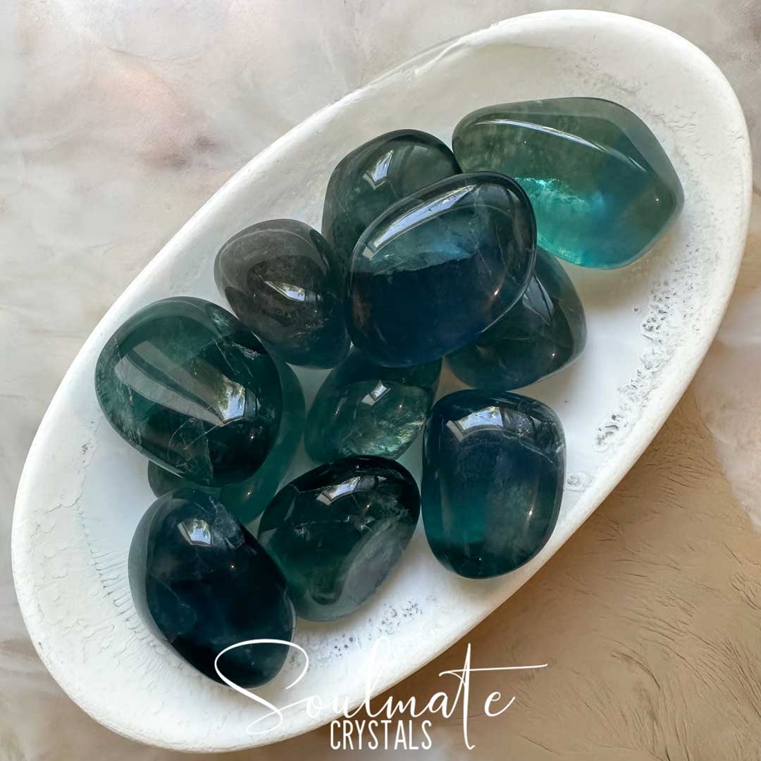 Soulmate Crystals Blue Fluorite Tumbled Stone, Polished Gemmy Blue Crystal for Calm, Creative Thought, Considerate Communication.