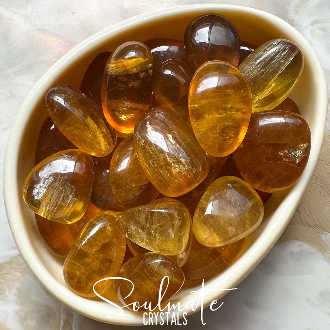 Soulmate Crystals Golden Yellow Fluorite Tumbled Stone, Polished Translucent Yellow Crystal for Optimism and Creativity