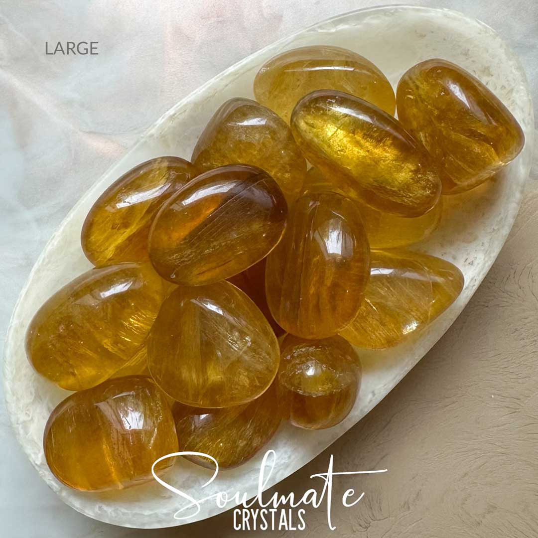 Soulmate Crystals Golden Yellow Fluorite Tumbled Stone, Polished Translucent Yellow Crystal for Optimism and Creativity
