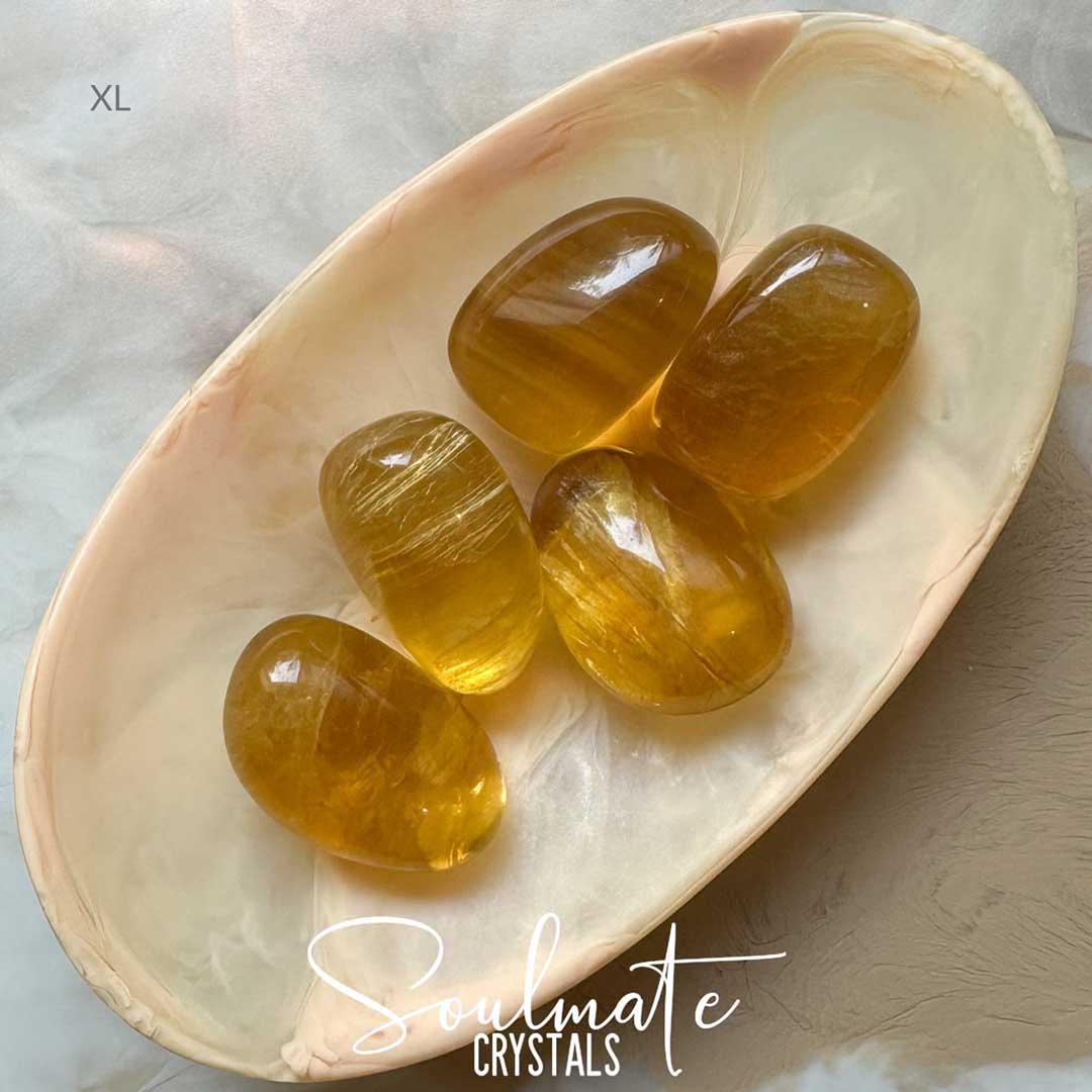 Soulmate Crystals Golden Yellow Fluorite Tumbled Stone, Polished Translucent Yellow Crystal for Optimism and Creativity