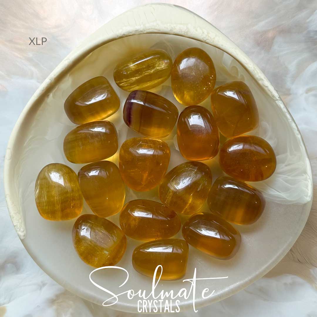 Soulmate Crystals Golden Yellow Fluorite Tumbled Stone, Polished Translucent Yellow Crystal for Optimism and Creativity