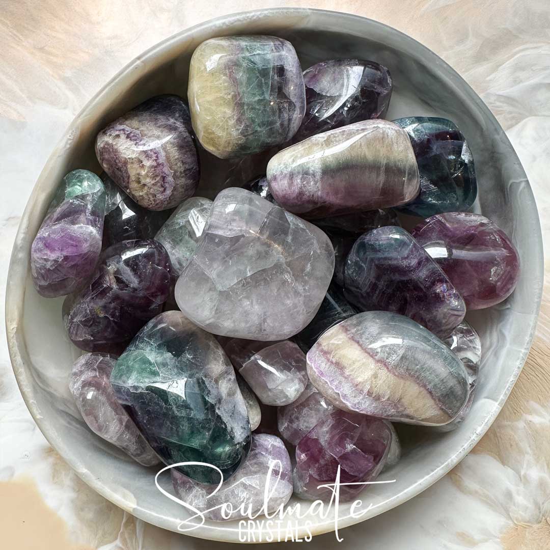 Soulmate Crystals Fluorite Rainbow Polished Crystal Pebble, Purple, Green, Yellow, Lilac Crystal for Emotional Wellbeing, Balance, Chakra Alignment, Clarity, Concentration, Decisiveness, Study, Focused Thinking, Mental Agility,  Energy Stone.
