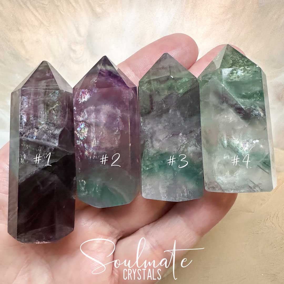 Soulmate Crystals Rainbow Fluorite Polished Crystal Point, Purple, Green, Blue, Clear Crystal for Clarifying Thoughts, Decision Making, Mental Agility