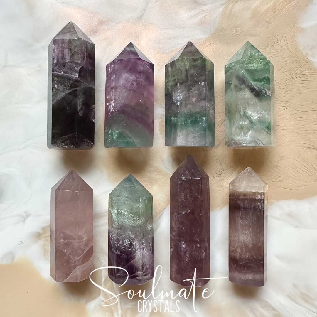 Soulmate Crystals Rainbow Fluorite Polished Crystal Point, Purple, Green, Blue, Clear Crystal for Clarifying Thoughts, Decision Making, Mental Agility