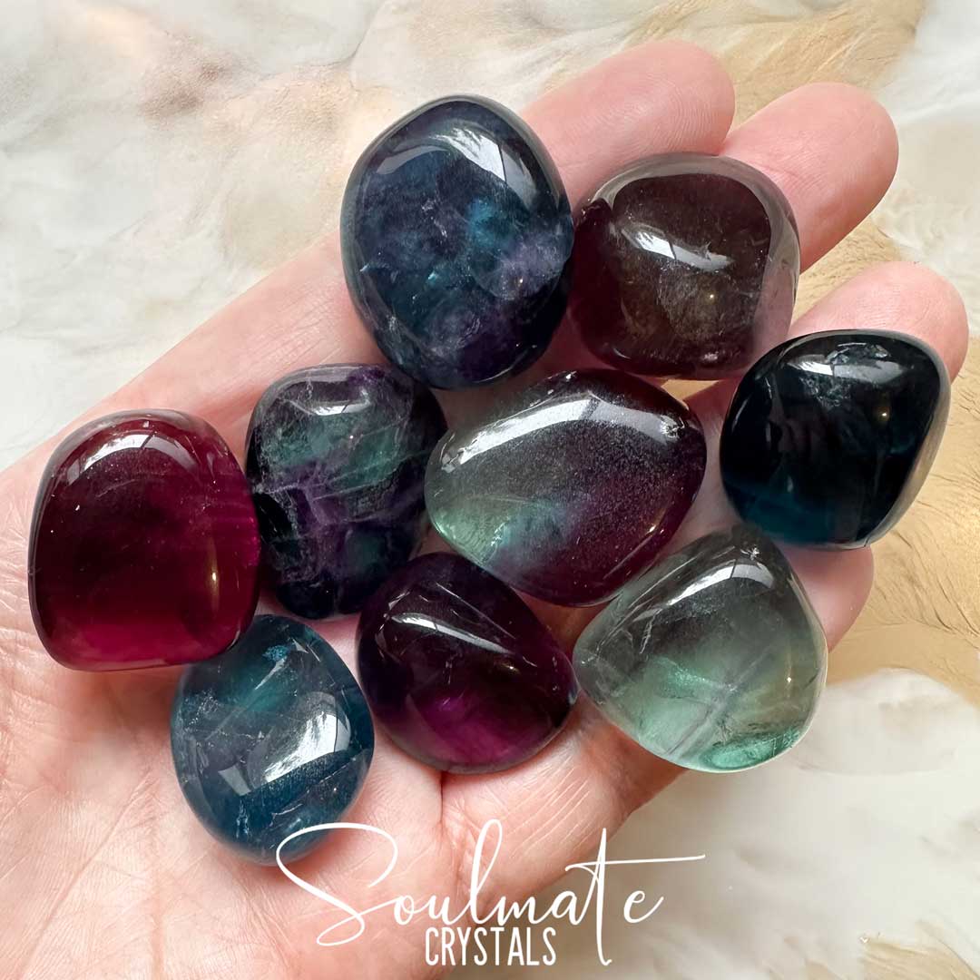Soulmate Crystals Fluorite Rainbow Tumbled Stone, Magenta, Cobalt Blue, Purple, Green, Lilac Crystal for Emotional Wellbeing, Balance, Chakra Alignment, Clarity, Concentration, Decisiveness, Study, Focused Thinking, Mental Agility.