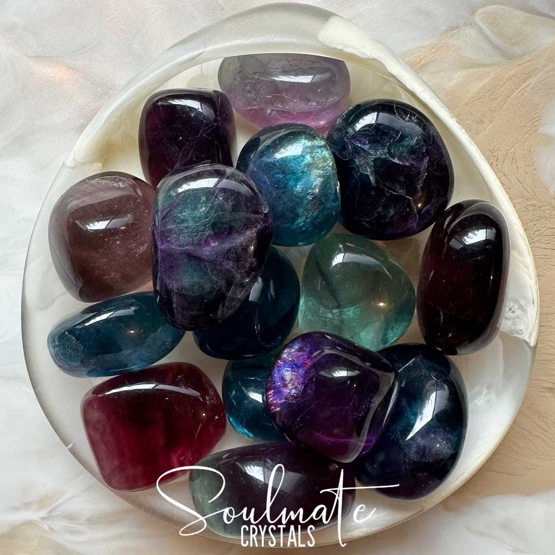 Soulmate Crystals Fluorite Rainbow Tumbled Stone, Magenta, Cobalt Blue, Purple, Green, Lilac Crystal for Emotional Wellbeing, Balance, Chakra Alignment, Clarity, Concentration, Decisiveness, Study, Focused Thinking, Mental Agility.