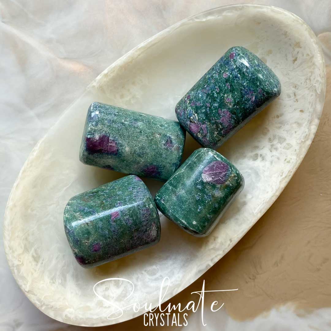 Soulmate Crystals Ruby Fuchsite Tumbled Stone, Pink-Red Ruby Inclusions in Green Crystal for Emotional Harmony