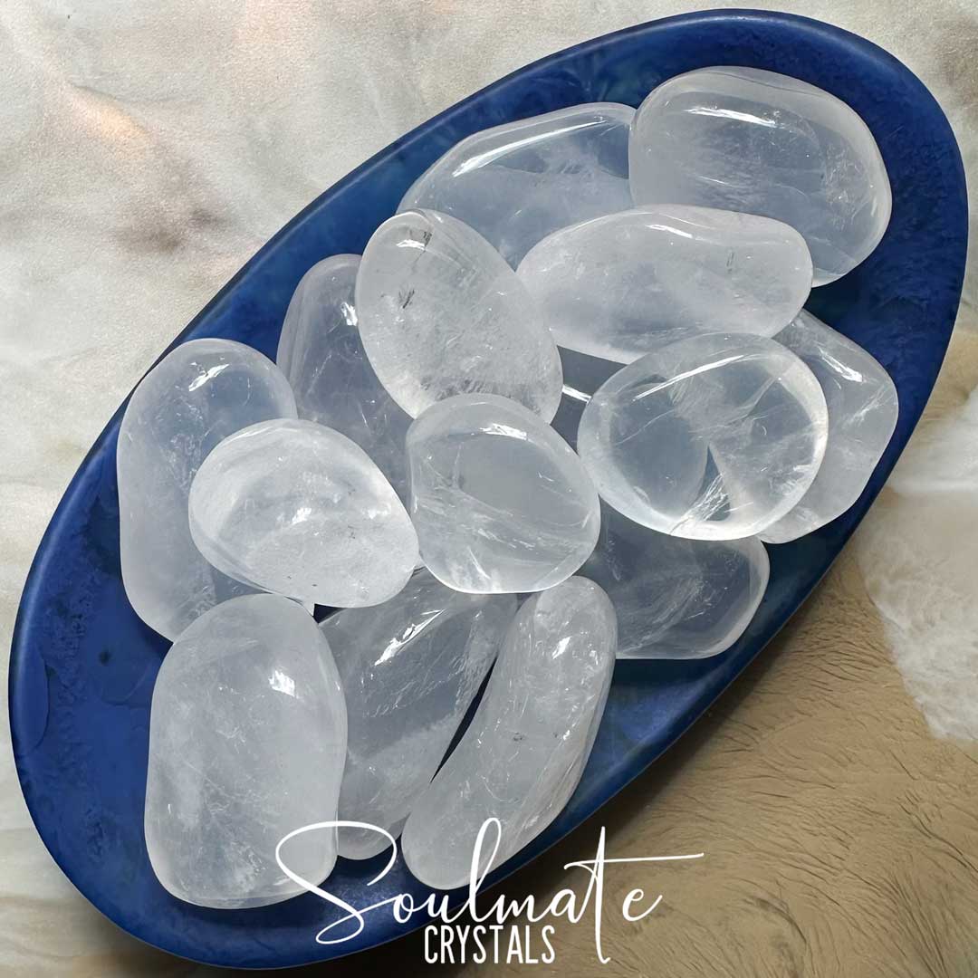 Soulmate Crystals Girasol Quartz Tumbled Stone, Milky Semi-Translucent Clear White Glowing Crystal Polished Quartz Stone for Intuition, Spiritual Development, Creativity, Imagination.
