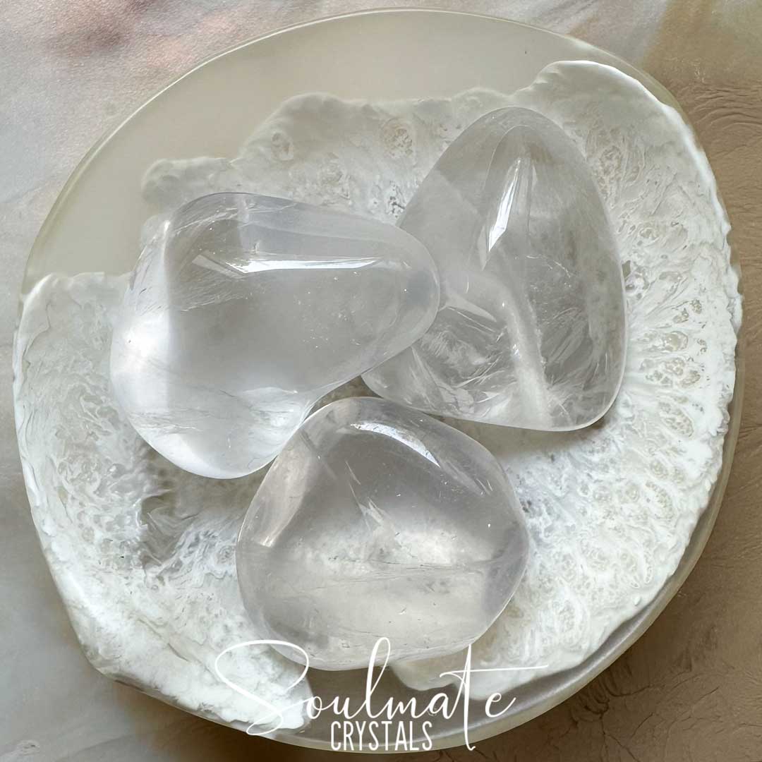 Soulmate Crystals Girasol Quartz Tumbled Stone, Milky Semi-Translucent Clear White Glowing Crystal Polished Quartz Stone for Intuition, Spiritual Development, Creativity, Imagination.