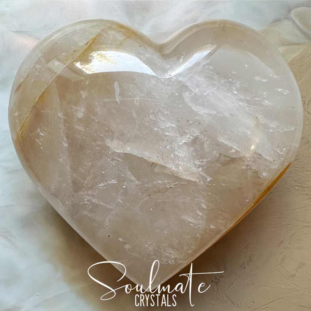 Soulmate Crystals Golden Healer Quartz Polished Crystal Heart, Milky White Yellow Crystal for Self-Expansion, Harmony.