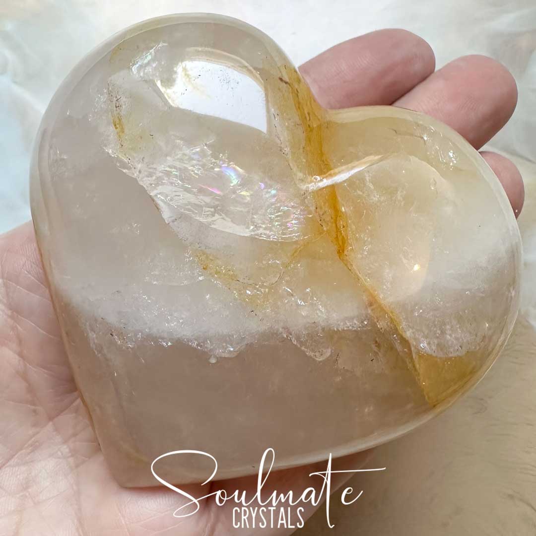 Soulmate Crystals Golden Healer Quartz Polished Crystal Heart, Milky White Yellow Crystal for Self-Expansion, Harmony.