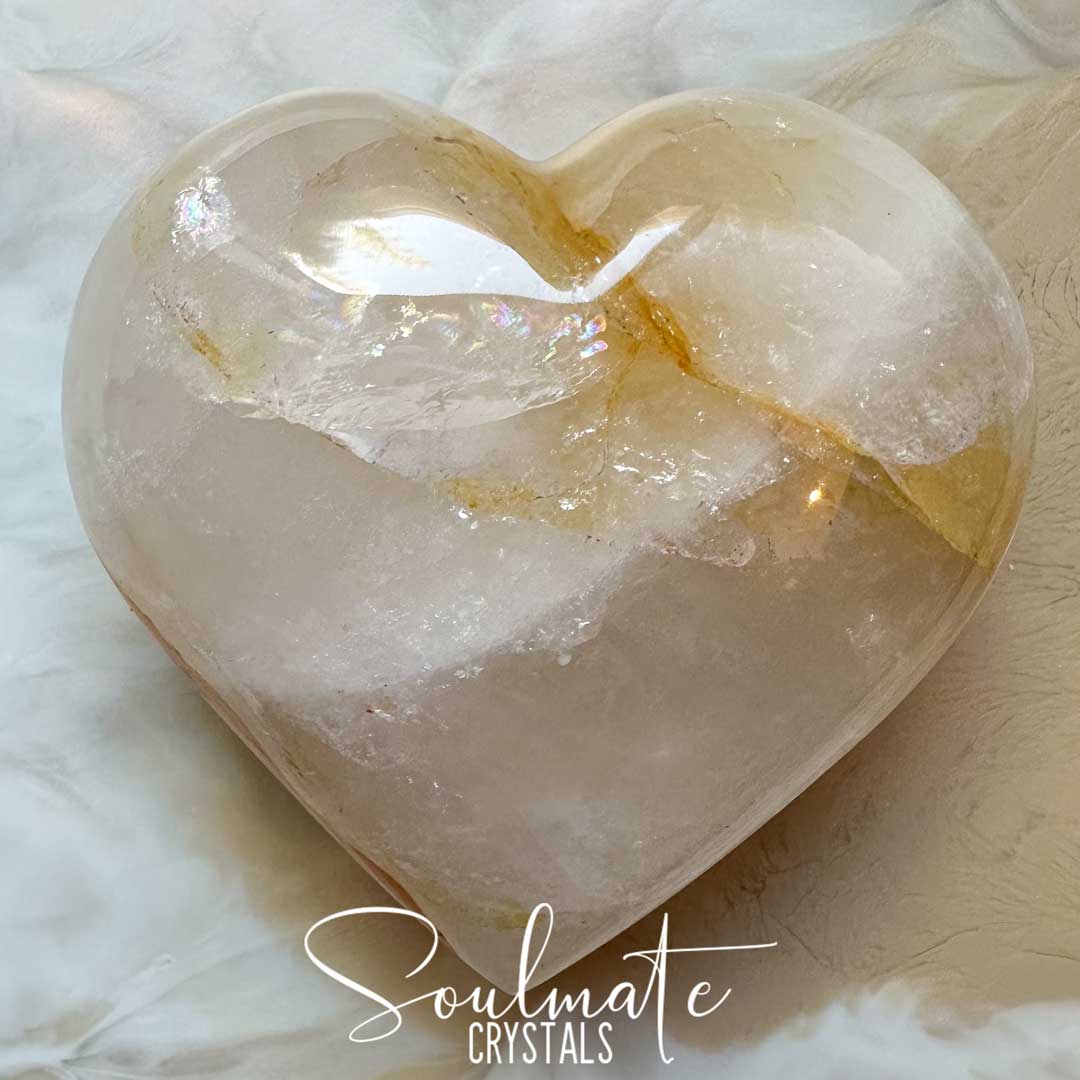 Soulmate Crystals Golden Healer Quartz Polished Crystal Heart, Milky White Yellow Crystal for Self-Expansion, Harmony.