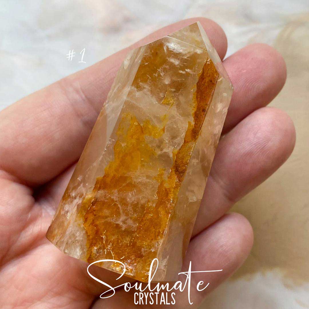 Soulmate Crystals Golden Healer Quartz Polished Point, Golden Yellow Crystal for Self-Expansion, Harmony