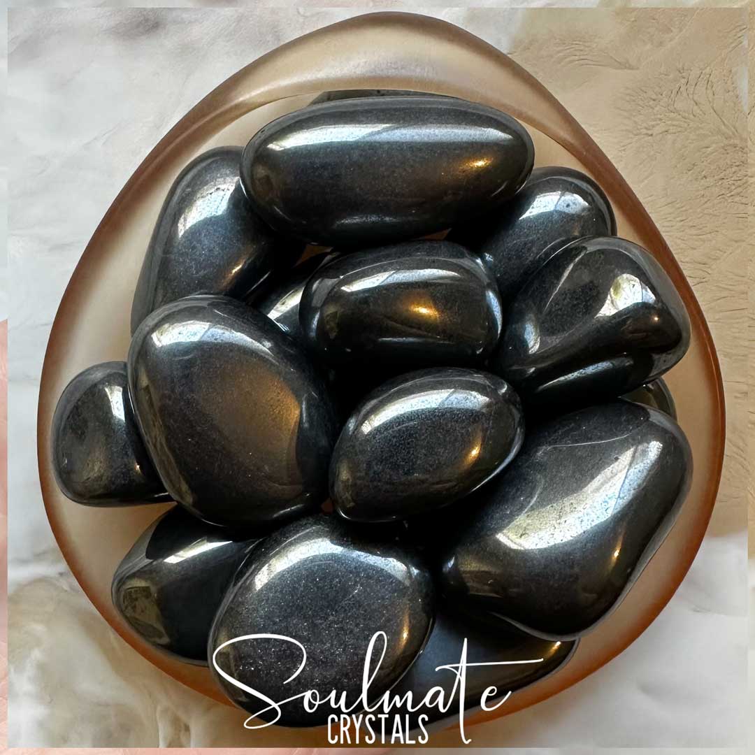 Soulmate Crystals Hematite Tumbled Stone, Metallic Silver Crystal for Grounding, Protection, Anchoring Energy.