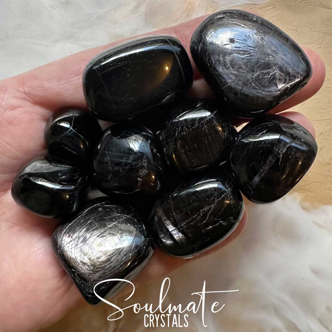 Soulmate Crystals Hypersthene Black Tumbled Stone, Chatoyant Black Crystal for Creative Visualisation, Manifestation, Shadow Work, Visioning.