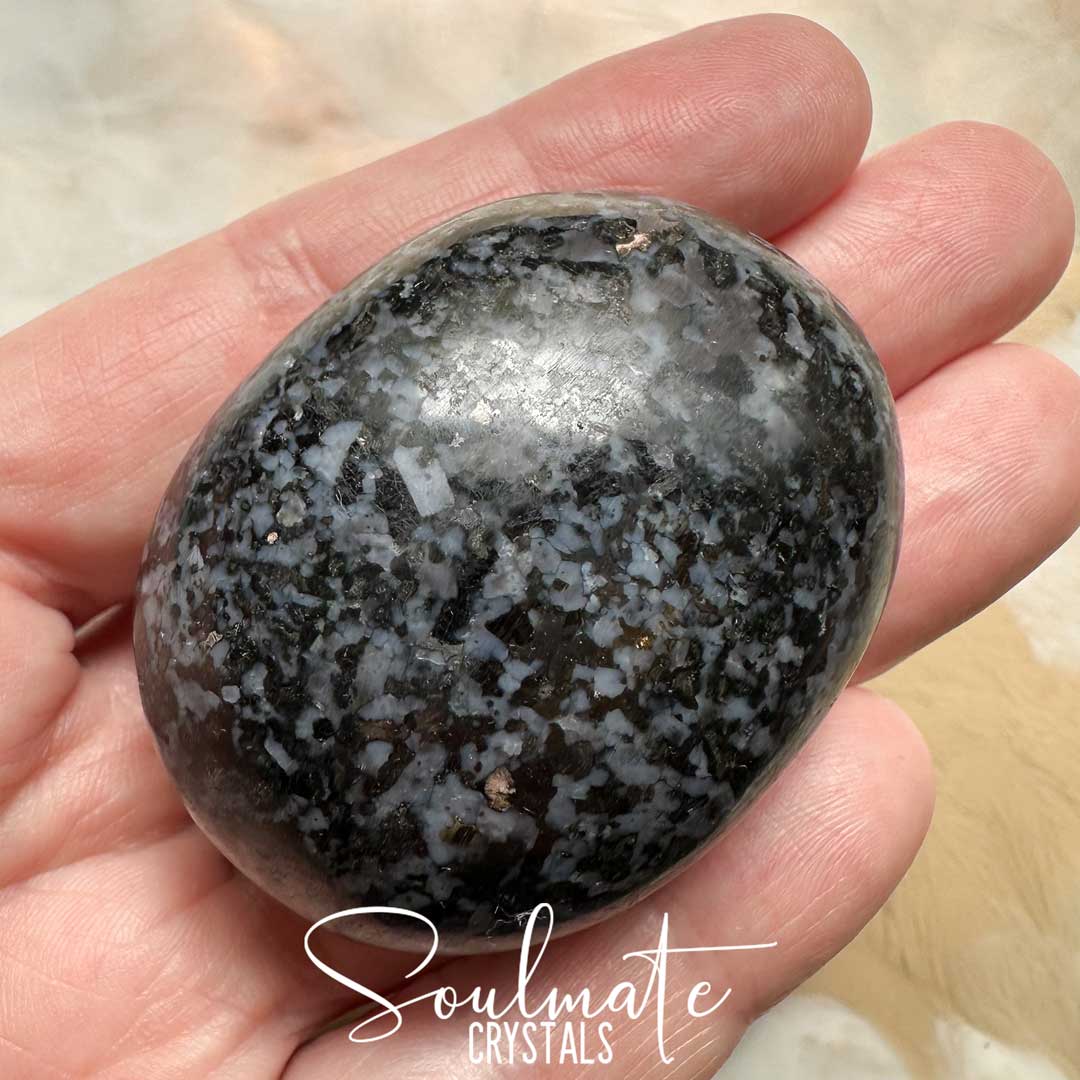 Soulmate Crystals Indigo Gabbro Mystic Merlinite Polished Crystal Palm Stone, Black Grey Mottled Crystal for Intuition, Meditation, Spiritual Realm Connection, New Moon Intention Setting Rituals, Magical Manifestation, Spiritual Development, Wisdom, Awareness, Self-Connection.