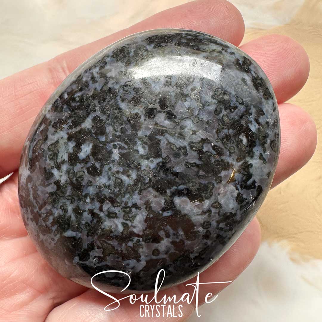 Soulmate Crystals Indigo Gabbro Mystic Merlinite Polished Crystal Palm Stone, Black Grey Mottled Crystal for Intuition, Meditation, Spiritual Realm Connection, New Moon Intention Setting Rituals, Magical Manifestation, Spiritual Development, Wisdom, Awareness, Self-Connection.