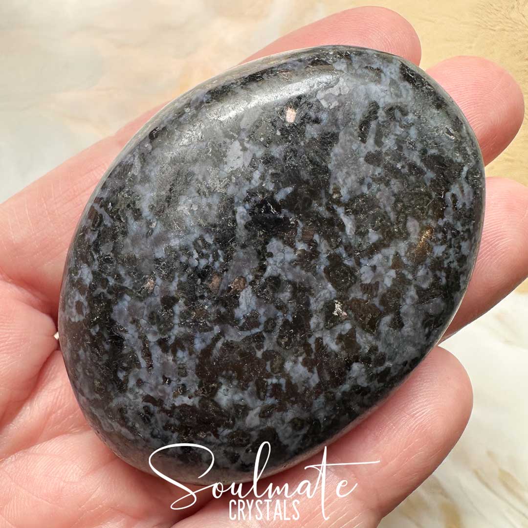 Soulmate Crystals Indigo Gabbro Mystic Merlinite Polished Crystal Palm Stone, Black Grey Mottled Crystal for Intuition, Meditation, Spiritual Realm Connection, New Moon Intention Setting Rituals, Magical Manifestation, Spiritual Development, Wisdom, Awareness, Self-Connection.