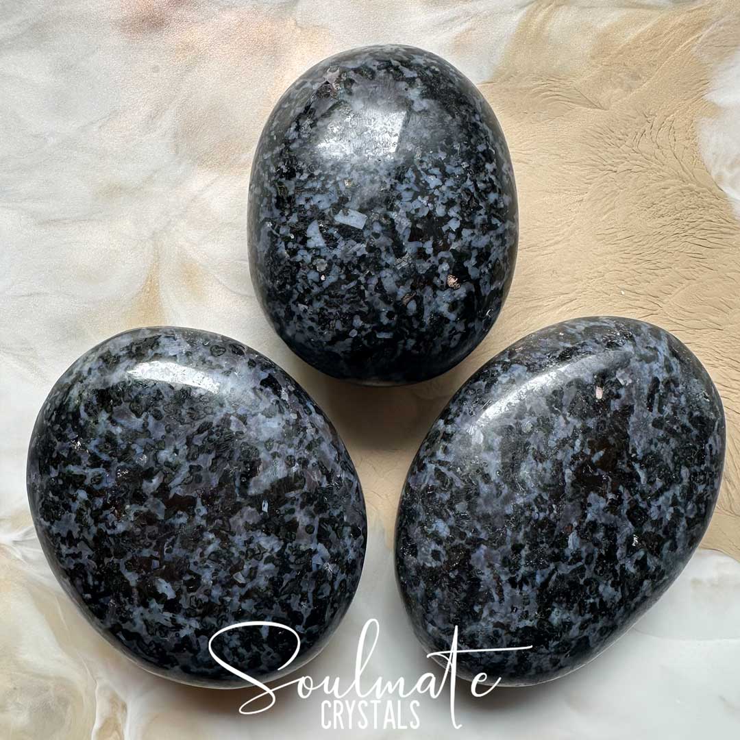 Soulmate Crystals Indigo Gabbro Mystic Merlinite Polished Crystal Palm Stone, Black Grey Mottled Crystal for Intuition, Meditation, Spiritual Realm Connection, New Moon Intention Setting Rituals, Magical Manifestation, Spiritual Development, Wisdom, Awareness, Self-Connection.