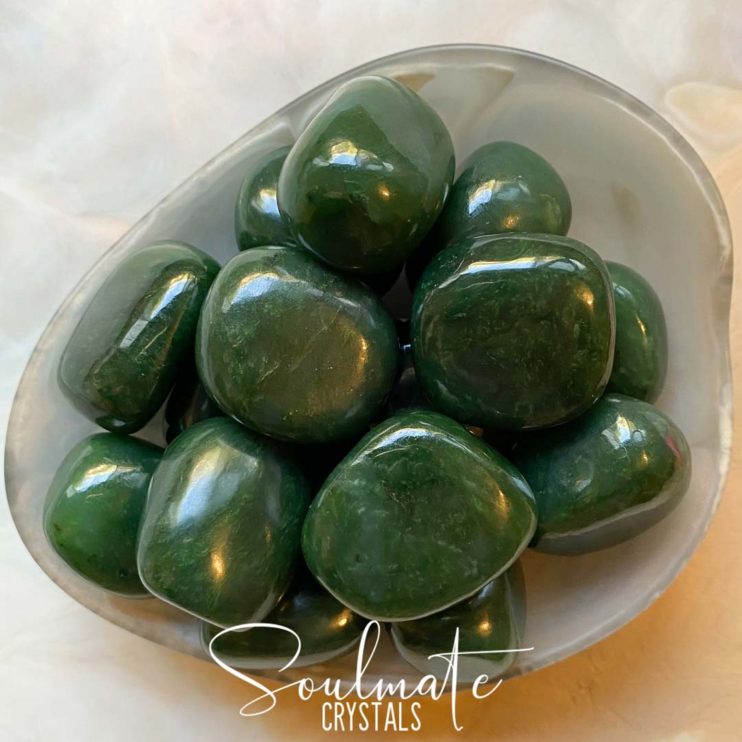 Soulmate Crystals Jade Nephrite Tumbled Stone, Deep Green Crystal for Health, Longevity, Prosperity, Heart Nurturing, Wisdom, Harmony.