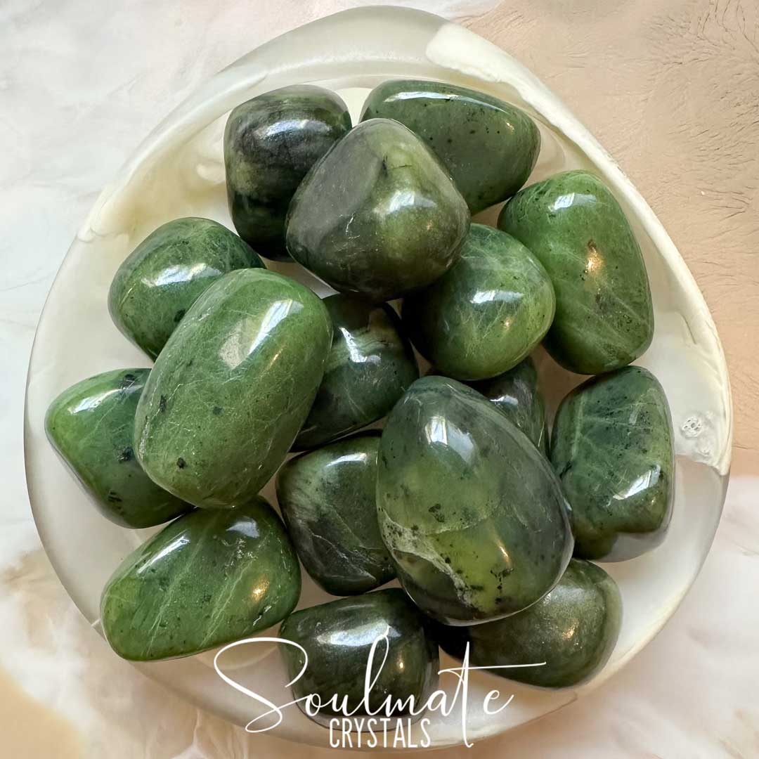 Soulmate Crystals Jade Nephrite Tumbled Stone, Deep Green Crystal for Health, Longevity, Prosperity, Heart Nurturing, Wisdom, Harmony.