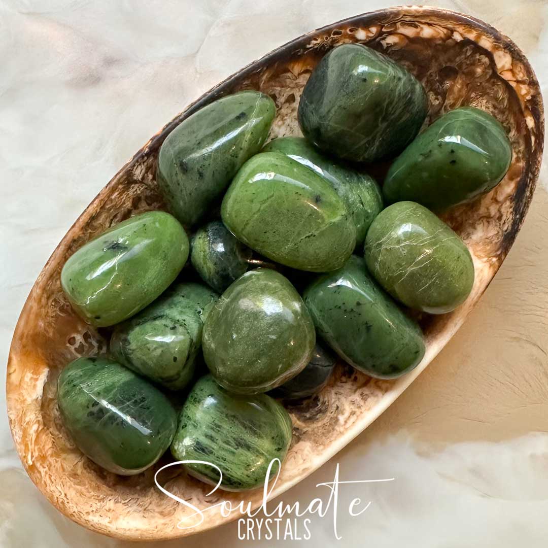 Soulmate Crystals Jade Nephrite Tumbled Stone, Deep Green Crystal for Health, Longevity, Prosperity, Heart Nurturing, Wisdom, Harmony.