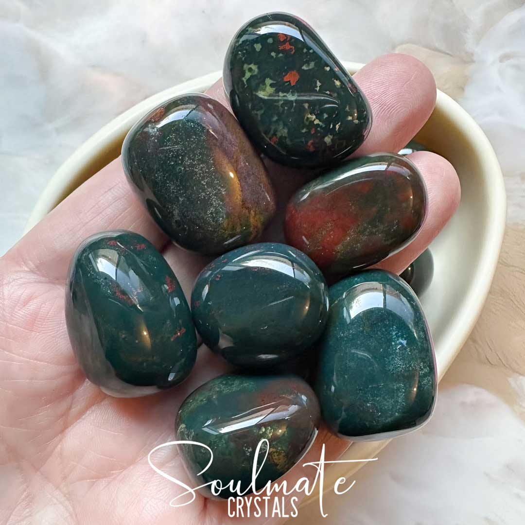 Soulmate Crystals Jasper Bloodstone Tumbled Stone, Heliotrope Dark Forest Green Crystal, Red, Yellow Inclusions for Detoxifying, Courage, Strength, Empowerment, Purification.