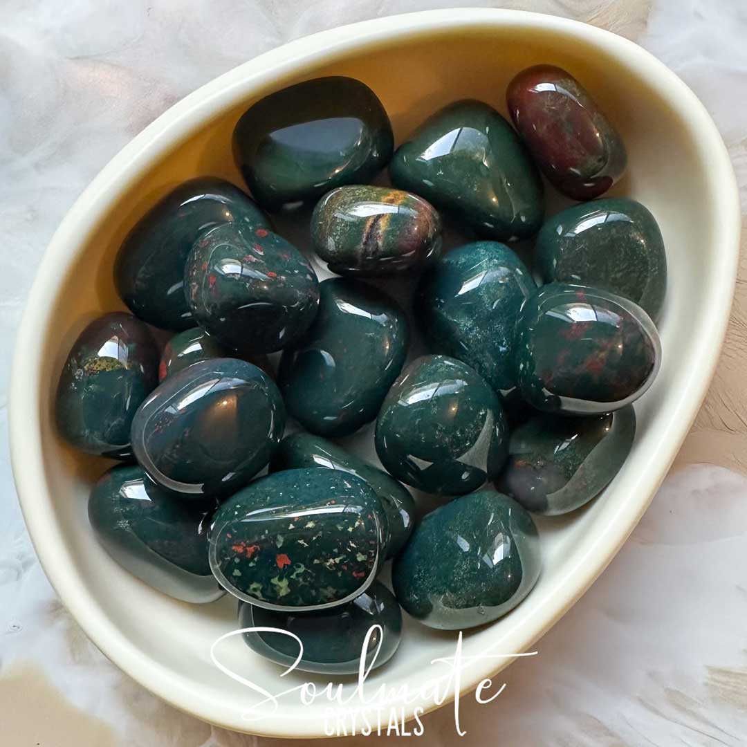 Soulmate Crystals Jasper Bloodstone Tumbled Stone, Heliotrope Dark Forest Green Crystal, Red, Yellow Inclusions for Detoxifying, Courage, Strength, Empowerment, Purification.