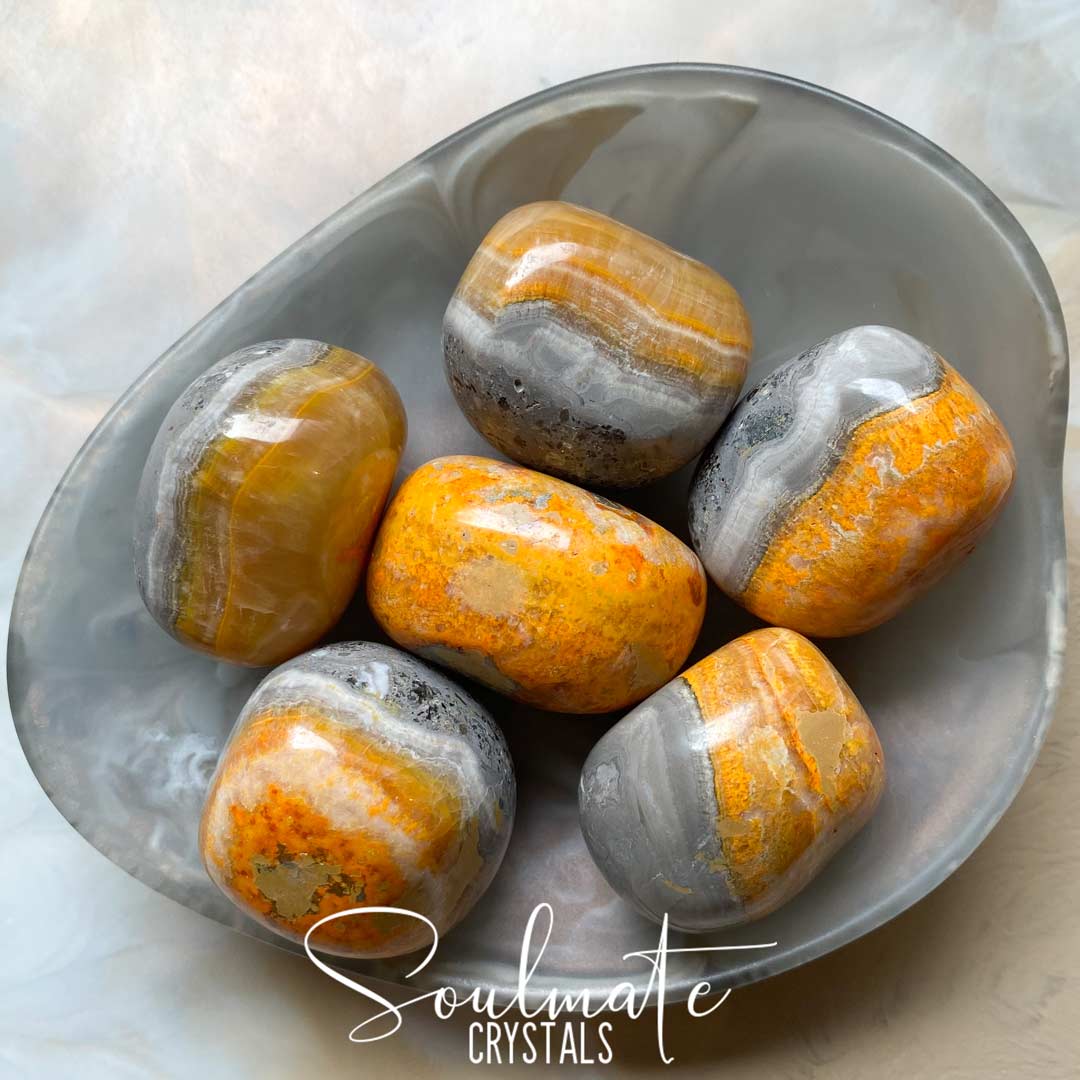 Soulmate Crystals Bumblebee Jasper Eclipse Stone Tumbled Stone, Vibrant Black-Grey Patterned Yellow Crystal for Manifestation.