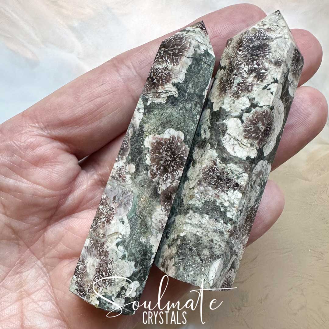 Soulmate Crystals Jasper Green Rhyolite Flower Polished Crystal Point Green Crystal Rosy-Brown Rhyolite Blossom Inclusions for Balance, Creativity, Spiritual Development, Expansiveness, Vitality.