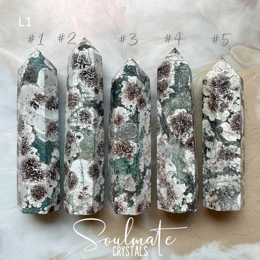 Soulmate Crystals Jasper Green Rhyolite Flower Polished Crystal Point Green Crystal Rosy-Brown Rhyolite Blossom Inclusions for Balance, Creativity, Spiritual Development, Expansiveness, Vitality.