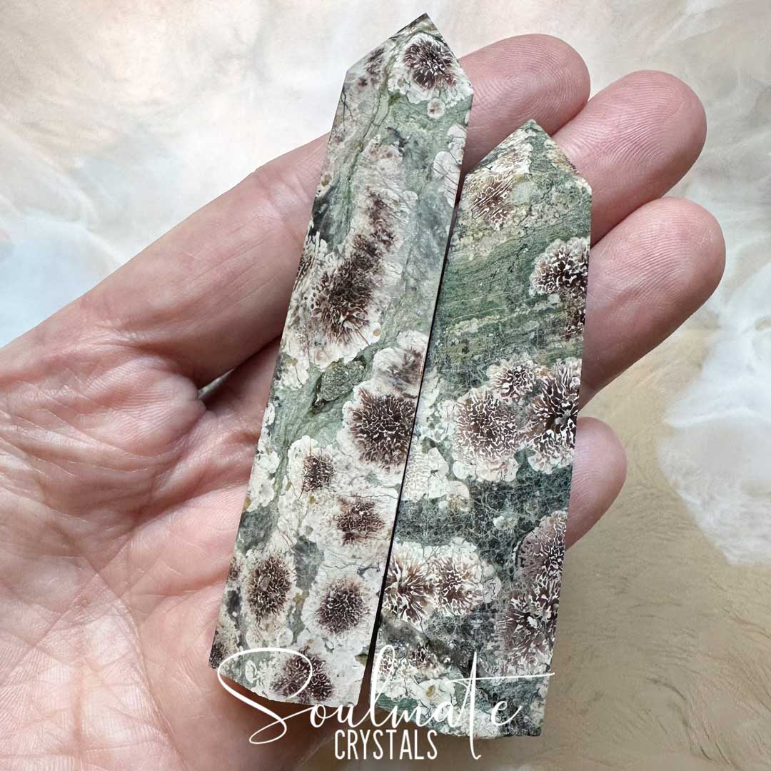 Soulmate Crystals Jasper Green Rhyolite Flower Polished Crystal Point Green Crystal Rosy-Brown Rhyolite Blossom Inclusions for Balance, Creativity, Spiritual Development, Expansiveness, Vitality.