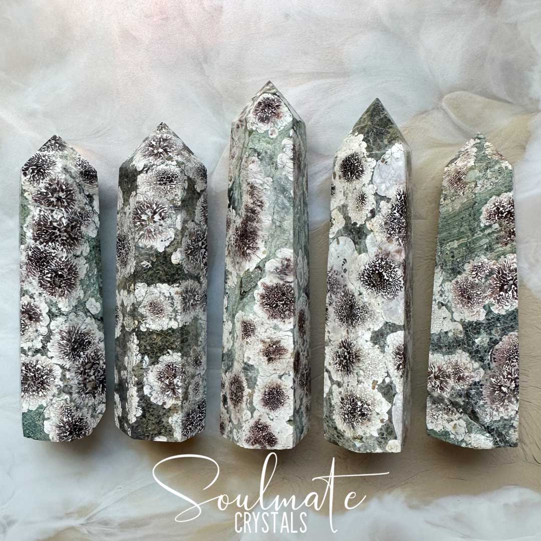 Soulmate Crystals Jasper Green Rhyolite Flower Polished Crystal Point Green Crystal Rosy-Brown Rhyolite Blossom Inclusions for Balance, Creativity, Spiritual Development, Expansiveness, Vitality.