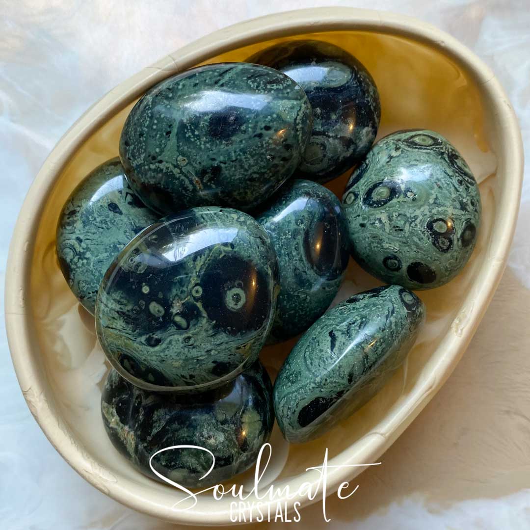 Soulmate Crystals Kambaba Jasper Polished Stone Pebble, Grey-Green Black Orbicular Patterned Crystal for Ancient Wisdom, Protection, Restoration, Stress Release.