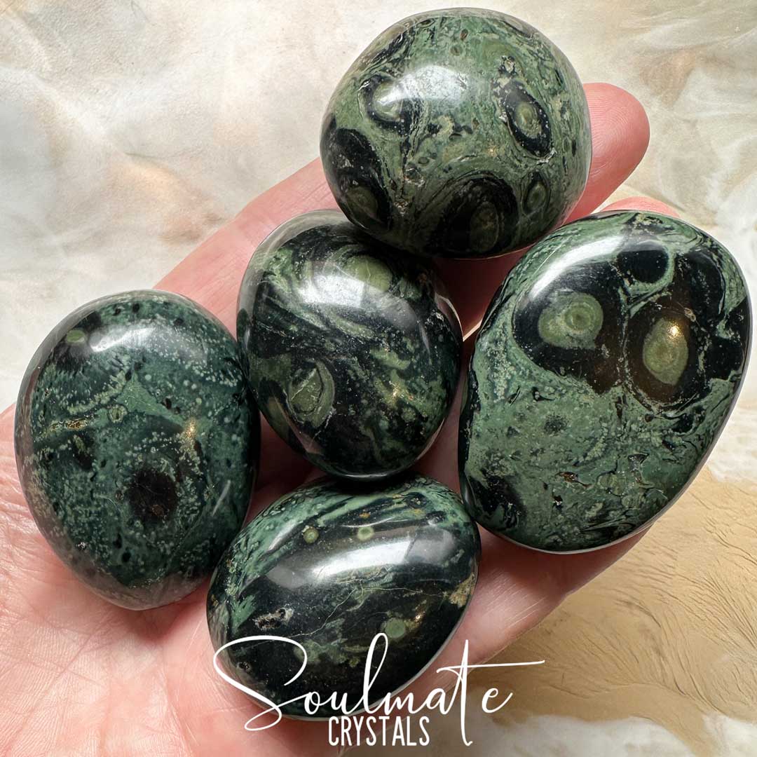Soulmate Crystals Jasper Kambaba Rhyolite Polished Stone Pebble, Green Black Orbicular Patterned Crystal for Ancient Wisdom, Protection, Restoration, Meditation, Spiritual Development, Introspection, Self-Awareness.