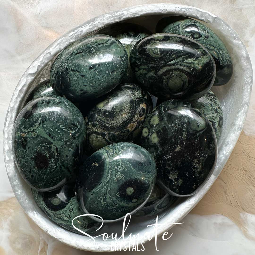 Soulmate Crystals Jasper Kambaba Rhyolite Polished Stone Pebble, Green Black Orbicular Patterned Crystal for Ancient Wisdom, Protection, Restoration, Meditation, Spiritual Development, Introspection, Self-Awareness.