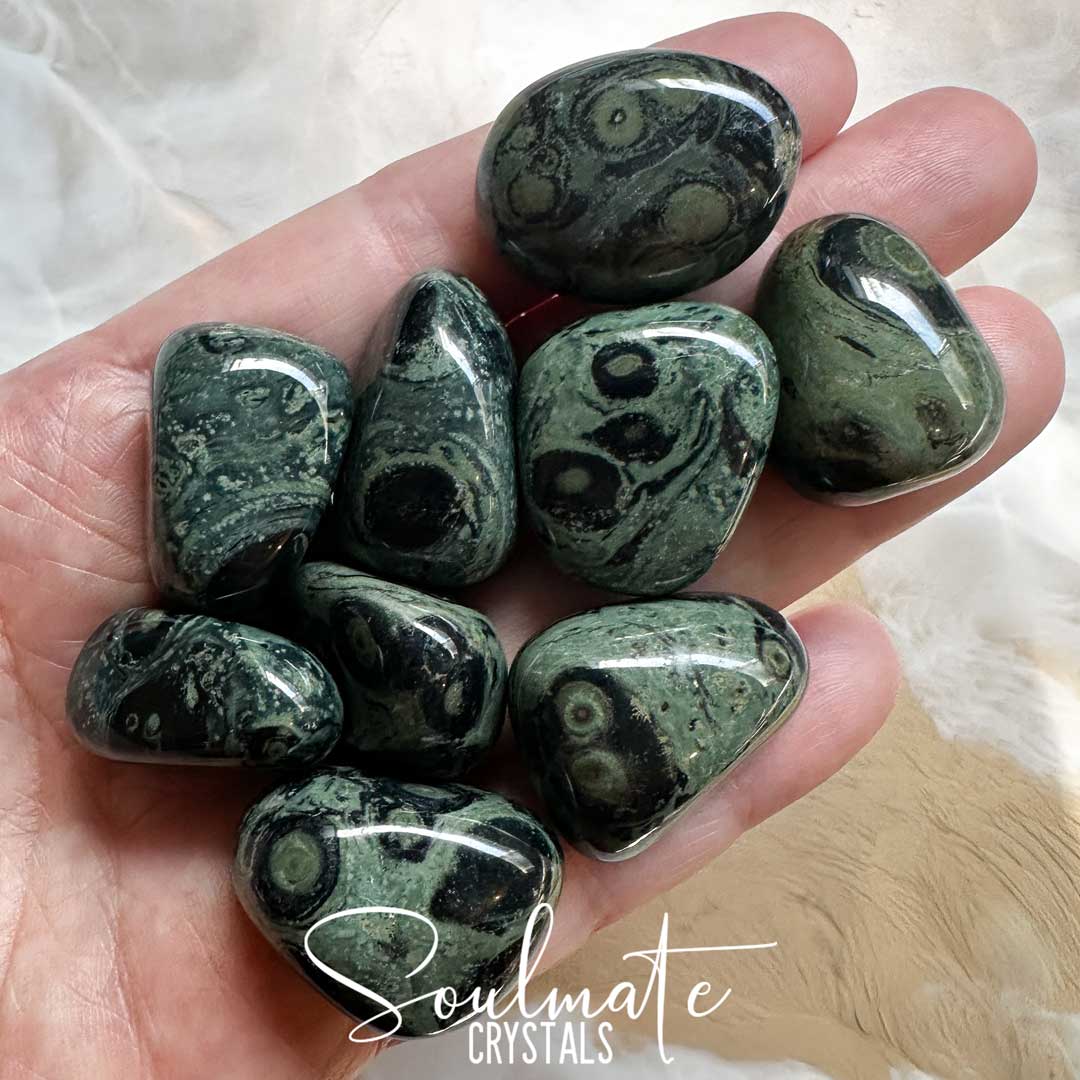 Soulmate Crystals Jasper Kambaba Rhyolite Tumbled Stone, Green Black Orbicular Patterned Crystal for Ancient Wisdom, Protection, Restoration, Meditation, Spiritual Development, Introspection, Self-Awareness.