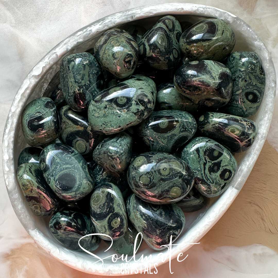 Soulmate Crystals Jasper Kambaba Rhyolite Tumbled Stone, Green Black Orbicular Patterned Crystal for Ancient Wisdom, Protection, Restoration, Meditation, Spiritual Development, Introspection, Self-Awareness.
