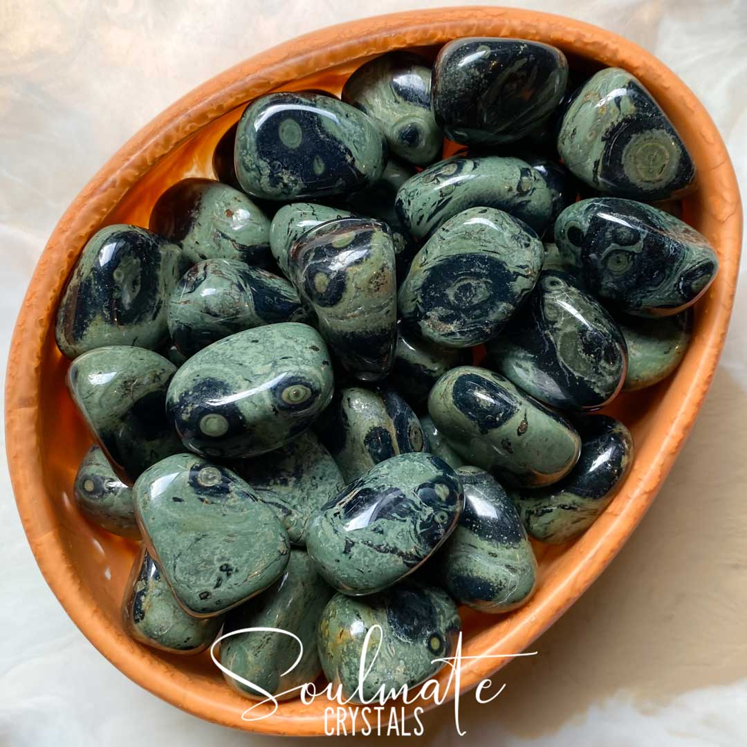 Soulmate Crystals Kambaba Jasper Tumbled Stone, Grey-Green Black Orbicular Patterned Crystal for Ancient Wisdom, Protection, Restoration, Stress Release.