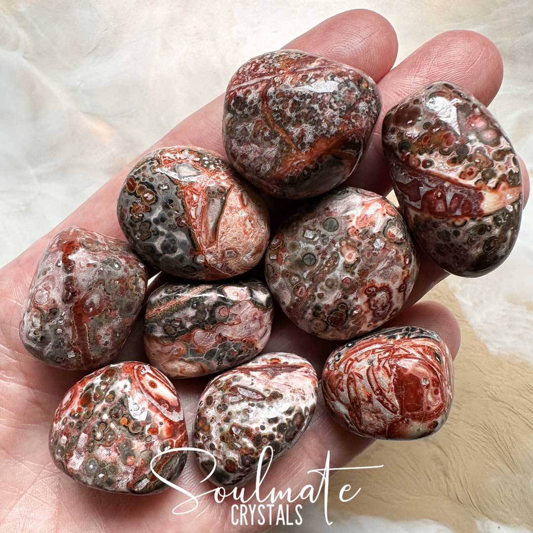 Soulmate Crystals Jasper Leopard Skin Rhyolite Tumbled Stone, Spotted, Orbicular, Banded Patterned Pink, Olive Green, White, Black Crystal for Spiritual Growth, Restoration, Protection.