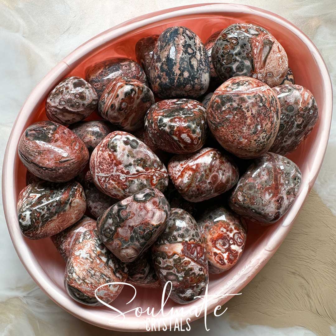 Soulmate Crystals Jasper Leopard Skin Rhyolite Tumbled Stone, Spotted, Orbicular, Banded Patterned Pink, Olive Green, White, Black Crystal for Spiritual Growth, Restoration, Protection.
