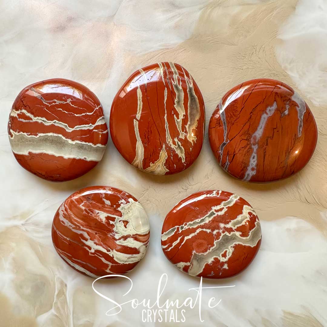 Soulmate Crystals Jasper Red Banded Polished Crystal Palm Stone, Red Crystal for Protection, Grounding, Strength, Stability, Ancient Earth Wisdom.