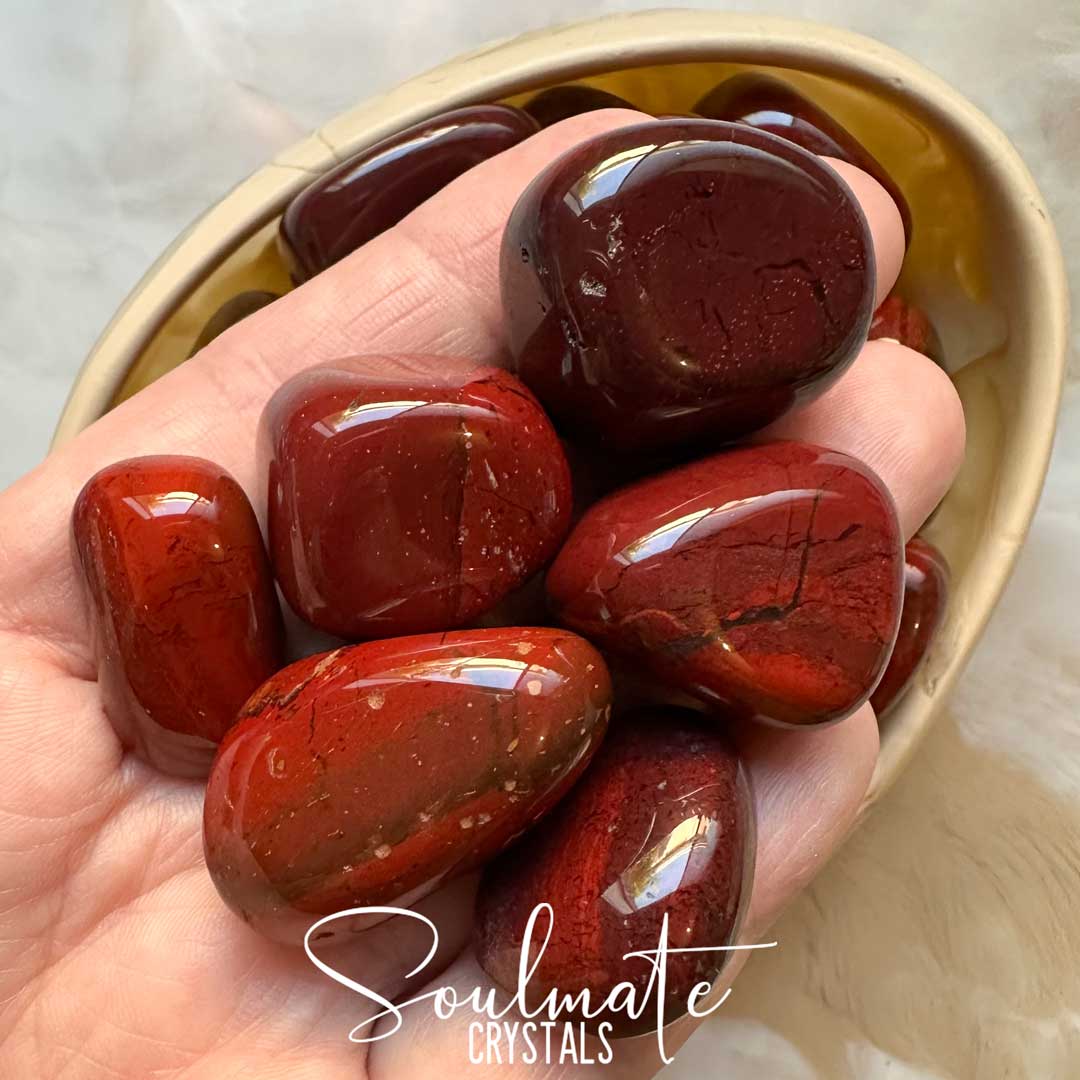 Soulmate Crystals Red Jasper Rainbow Tumbled Stone, Dark Brick Red Crystal for Sustenance, Vitality, Emotional Wellbeing, Grounding, Protection. 