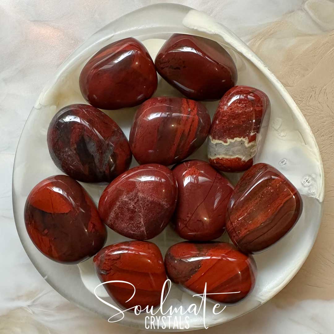 Soulmate Crystals Red Jasper Rainbow Tumbled Stone, Dark Brick Red Crystal for Sustenance, Vitality, Emotional Wellbeing, Grounding, Protection. 