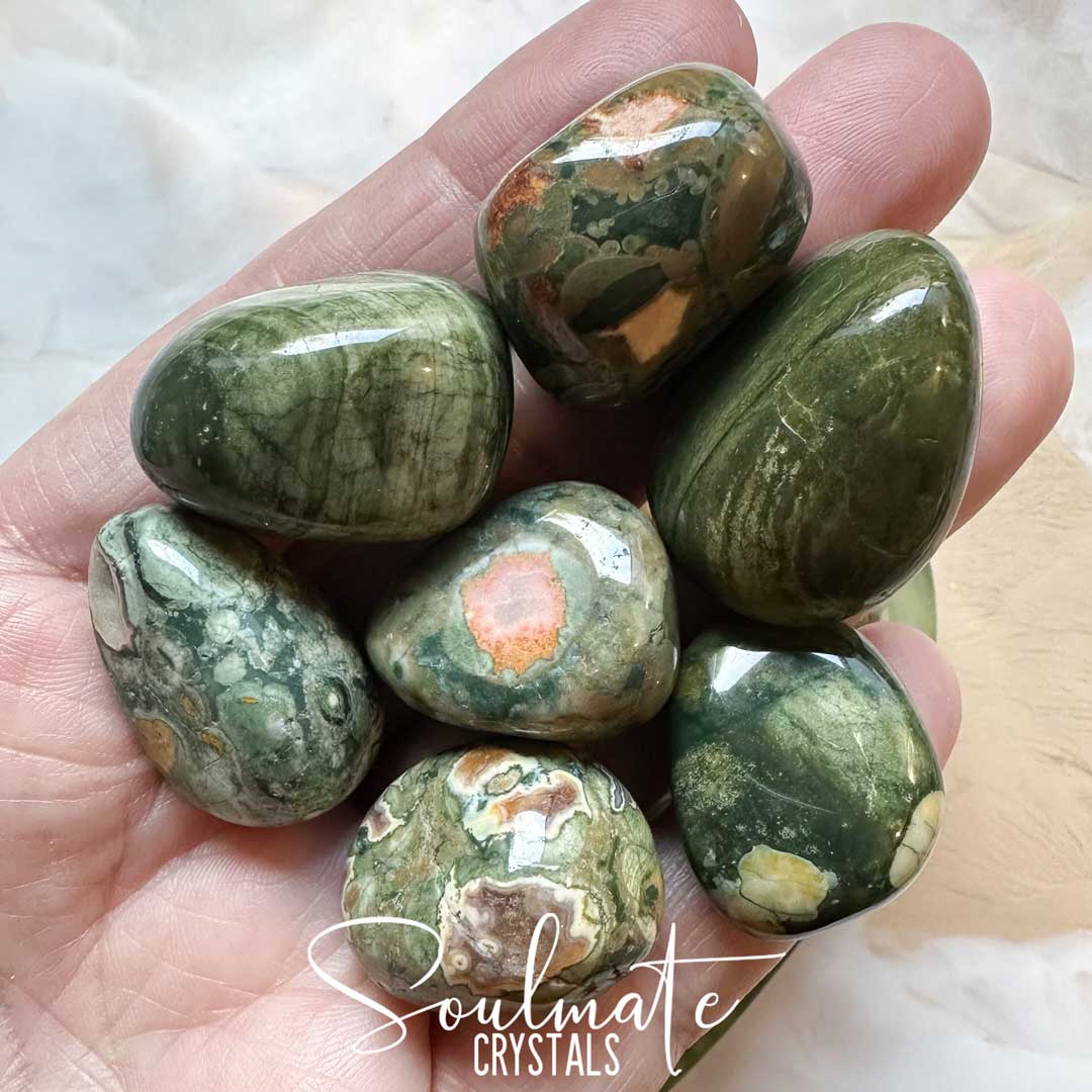 Soulmate Crystals Jasper Rainforest Rhyolite Tumbled Stone, Green Patterned Stone, White, Orange Colour Inclusions for Creativity, Earthy, Grounding, Rejuvenation, Vitality.
