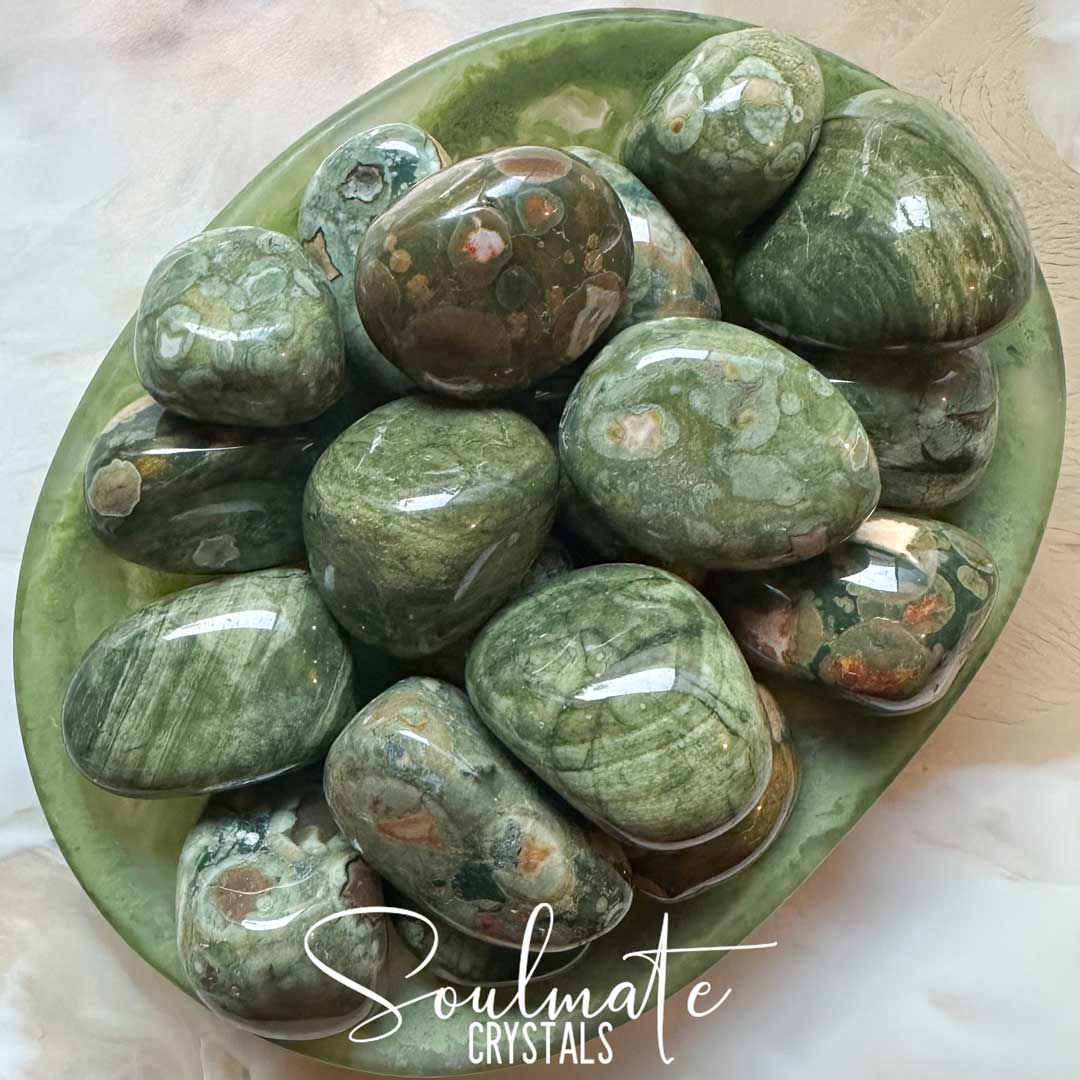 Soulmate Crystals Jasper Rainforest Rhyolite Tumbled Stone, Green Patterned Stone, White, Orange Colour Inclusions for Creativity, Earthy, Grounding, Rejuvenation, Vitality.