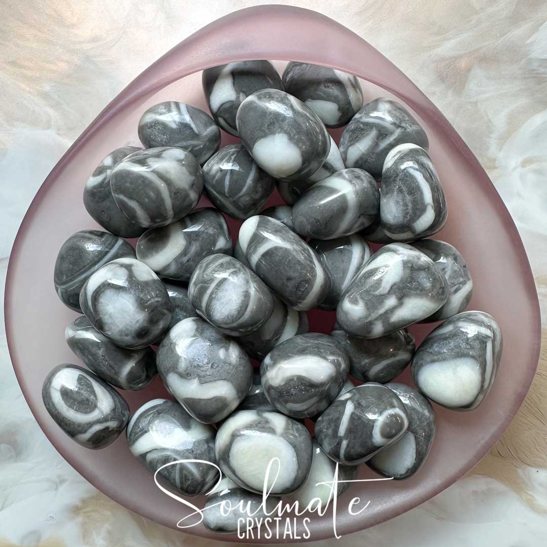  Soulmate Crystals Shell Jasper Tumbled Stone, Grey White Crystal for Serenity, Harmony, Balance, Protection, Nurturing