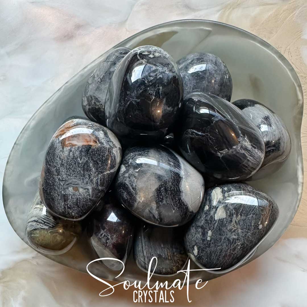 Soulmate Crystals Jasper Silver Leaf, Black Grey Crystal for Grounding, Balance, Willpowerm Mindful Intention.